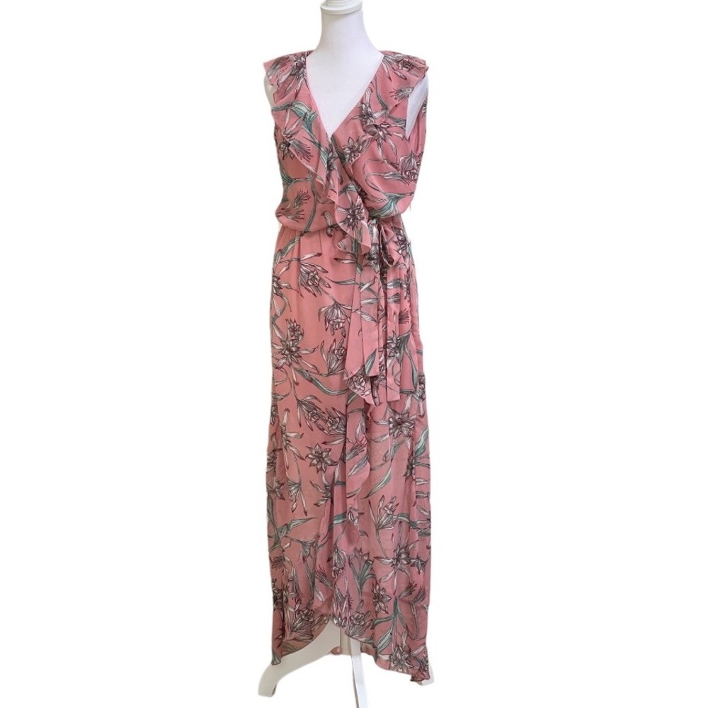 Japna Blush Pink Floral Wrap Maxi Dress Sz M Flowy Chiffon Poly Sleeveless